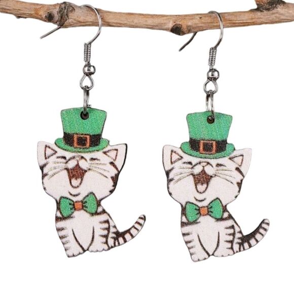 St Patrick's Day Cat Drop Earrings - Picture 2 of 5